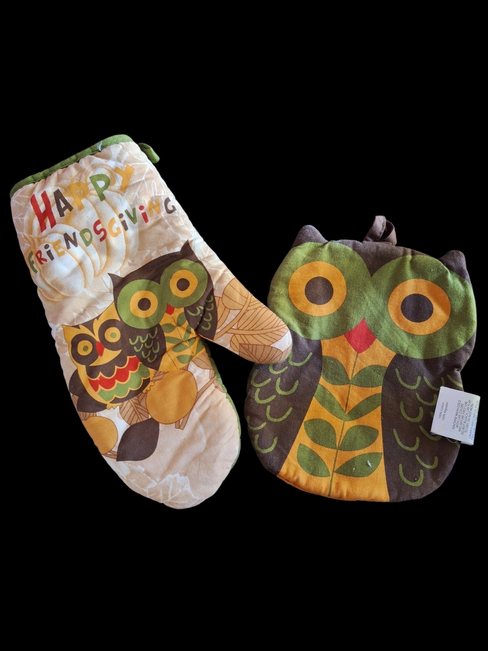 Owl-Themed Oven Mitt and Pot Holder Set in Green and Brown
